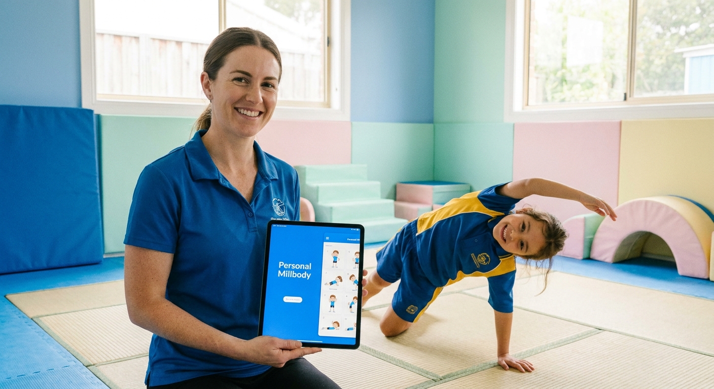 Educadora usando o app Personal Millbody com criança autista em atividade lúdica de coordenação motora
