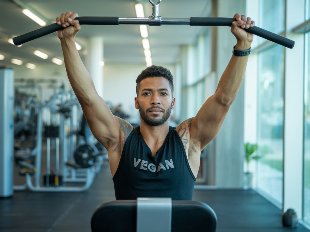 Personal trainer vegano demonstrando a execução correta da elevação lateral, um dos principais exercícios para ombro na máquina.