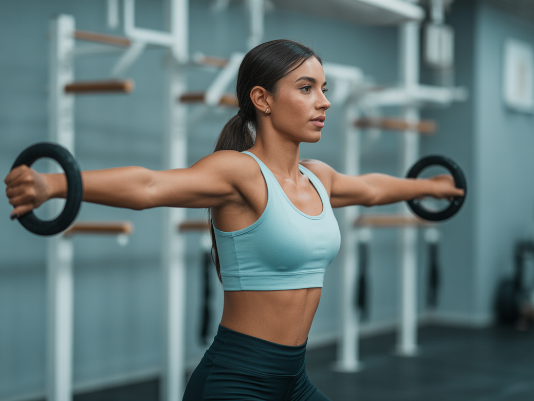 Mulher realizando elevação lateral para ombros na polia baixa, um exercício chave para deltoide medial.