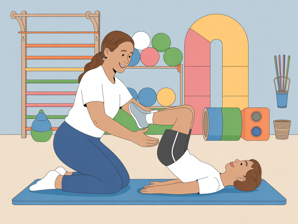 Profissional de educação física auxiliando uma criança com autismo a realizar o exercício de elevação pélvica em um ambiente lúdico.