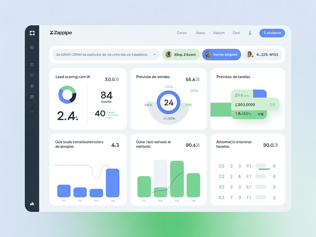 Dashboard do Zappipe CRM mostrando métricas de lead scoring com IA e previsão de vendas, exemplificando uma ferramenta para equipe de vendas com IA.