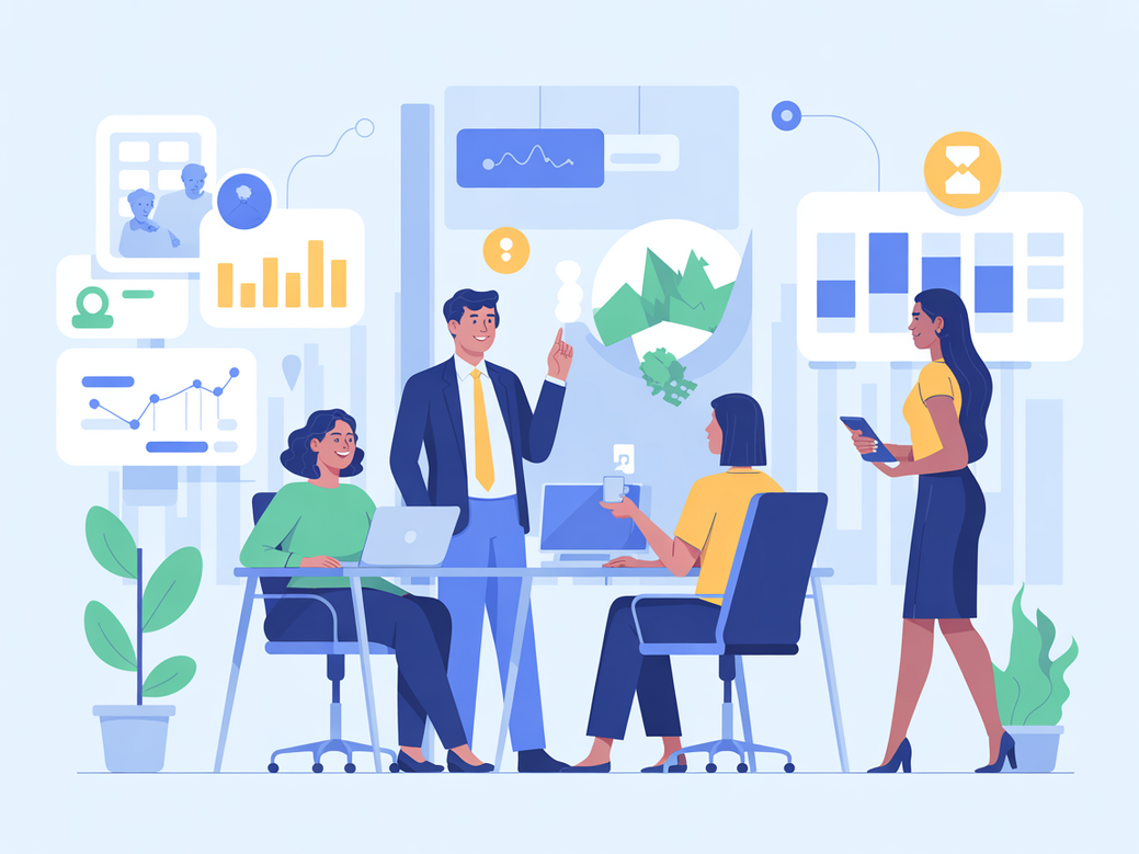 Ilustração moderna de uma equipe de vendas colaborando com elementos visuais de IA, como gráficos e conexões de dados, representando uma equipe de vendas com IA.