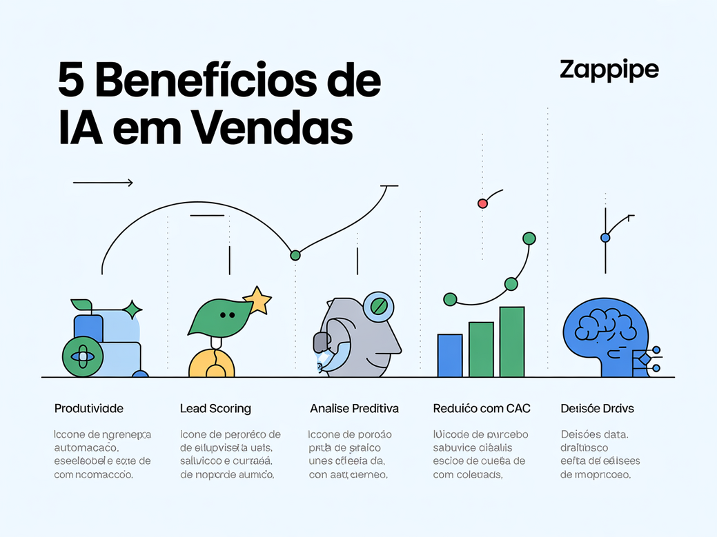 Infográfico mostrando os 5 benefícios da IA em vendas: Produtividade, Lead Scoring, Análise Preditiva, Redução de CAC e Decisões Data-Driven.