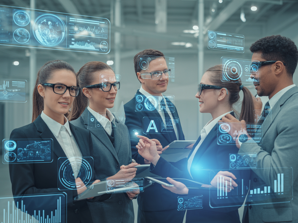 Equipe de vendas com IA trabalhando em dashboards futuristas para otimizar o Custo de Aquisição de Clientes.