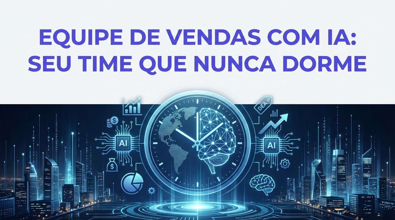 Ilustração mostrando equipe de vendas potencializada por inteligência artificial, com gráficos de crescimento e disponibilidade 24 horas por dia
