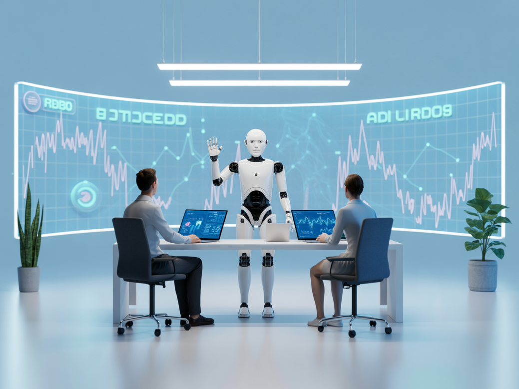 Equipe de vendas com IA trabalhando em um escritório futurista com robôs e humanos interagindo com painéis digitais.