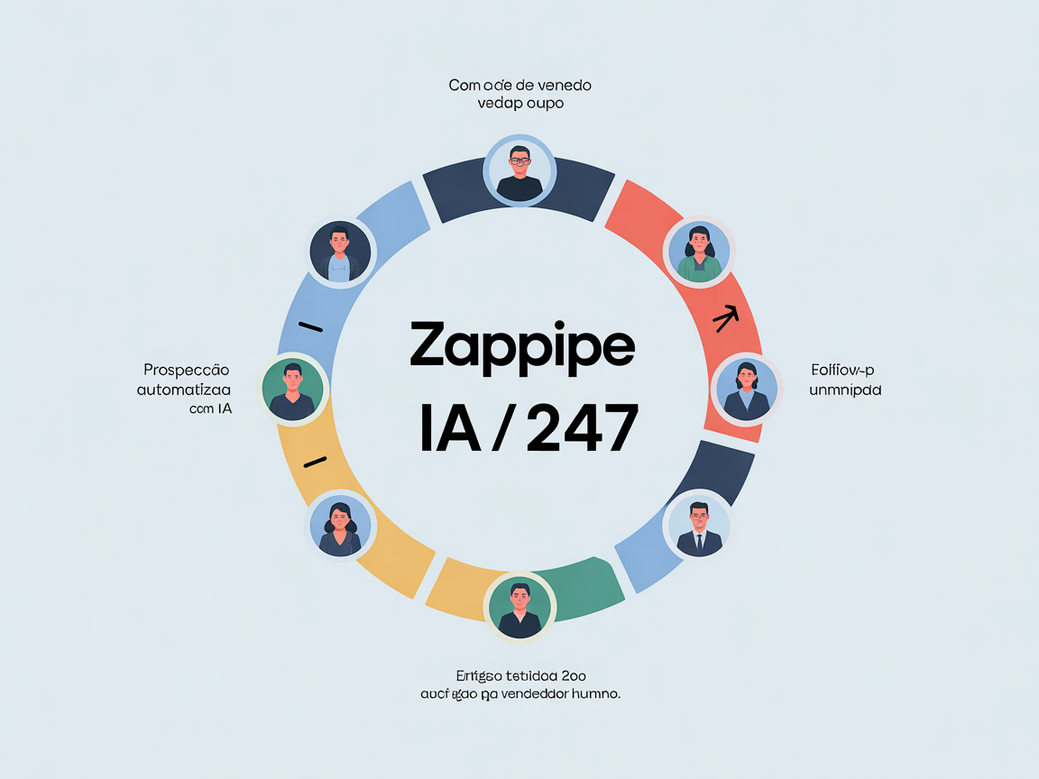 Diagrama ilustrando o funcionamento 24/7 da equipe de vendas com IA do Zappipe, superando os desafios para comunidade com automação.