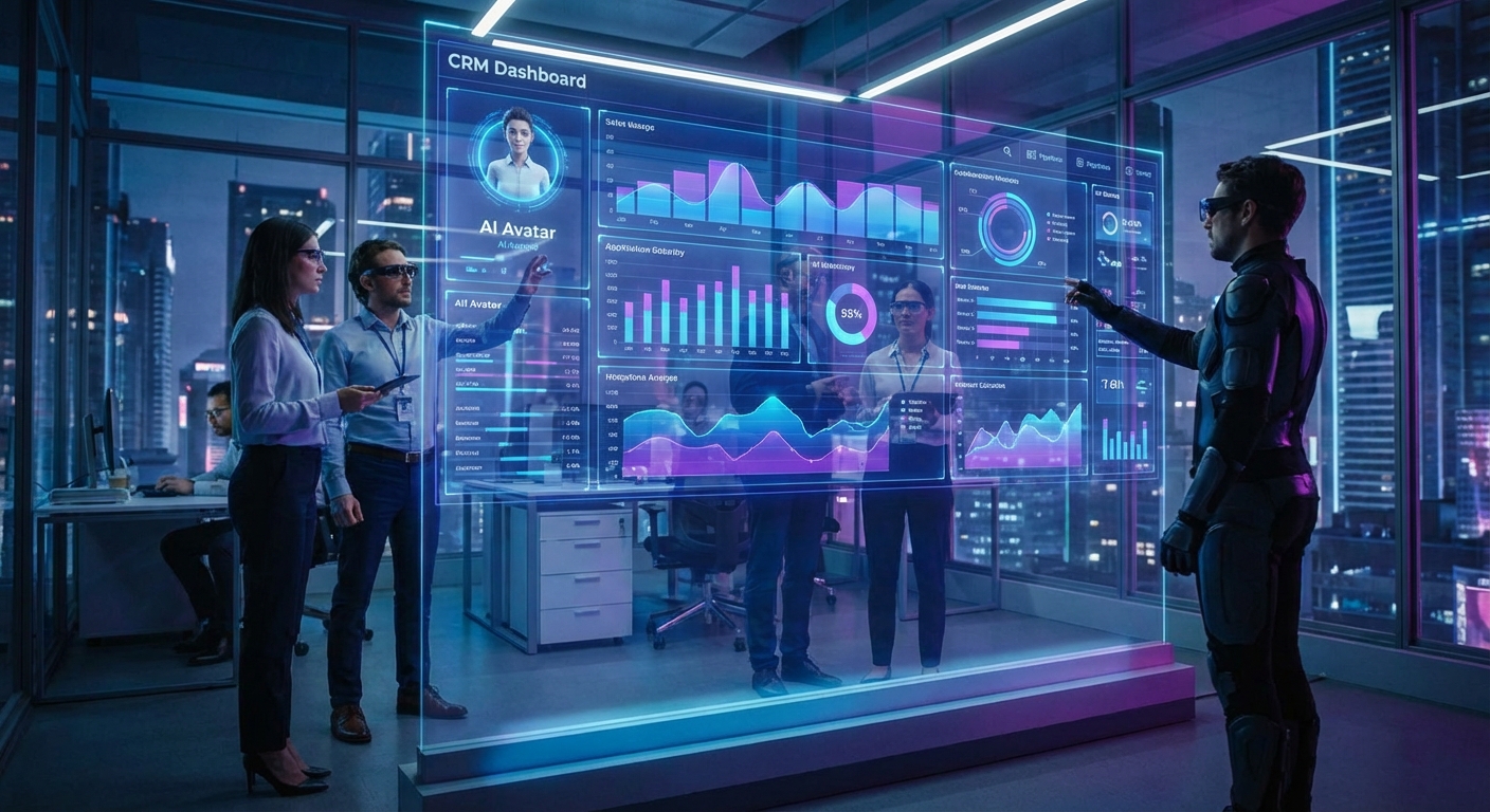 Equipe de vendas moderna utilizando painel de CRM com Inteligência Artificial para analisar dados