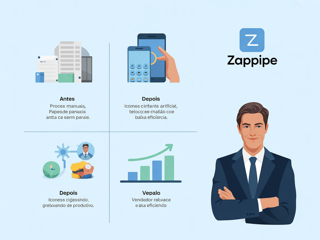 Infográfico mostrando a transformação de uma equipe de vendas com IA, comparando o antes e o depois em termos de eficiência e CAC com o Zappipe.