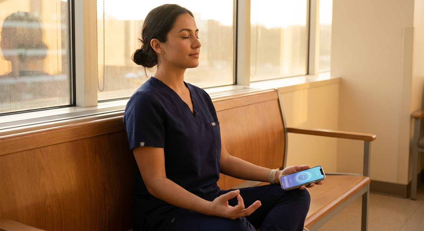 Profissional de saúde meditando com o app Vitalizen em meio à rotina hospitalar — espiritualidade no yoga para recarregar energias entre plantões