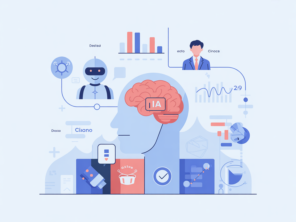 Ilustração moderna mostrando a sinergia entre Inteligência Artificial e CRM, com ícones de cérebro, robôs e gráficos de dados se conectando a um funil de vendas para reduzir o CAC.