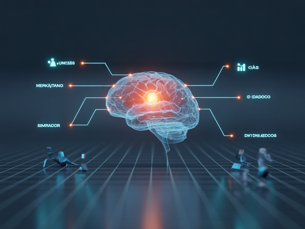 Ilustração futurista mostrando estratégias de CRM com inteligência artificial, com um cérebro luminoso representando a IA e conexões com ícones de marketing e dados.