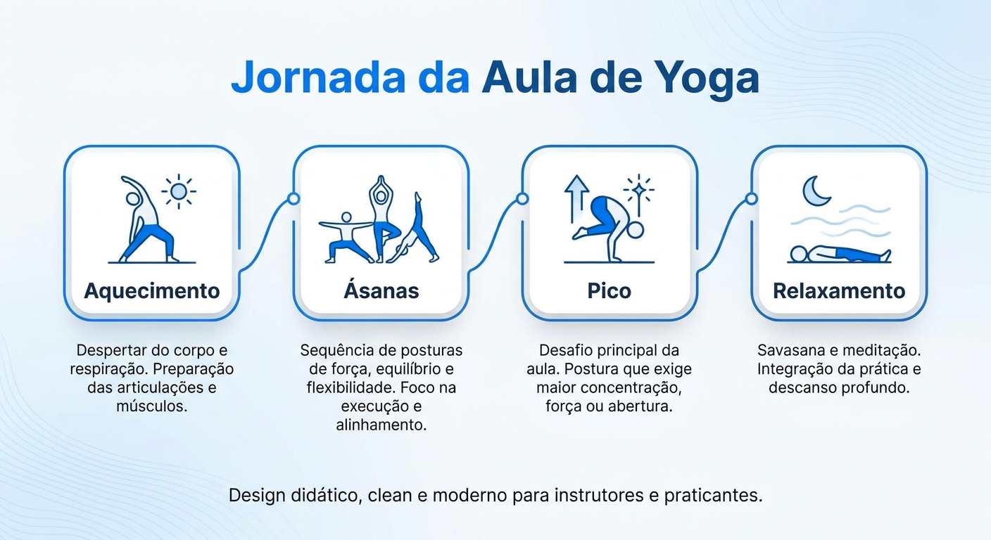 Infográfico Estrutura de uma Aula de Yoga: aquecimento, ásanas, pico e relaxamento