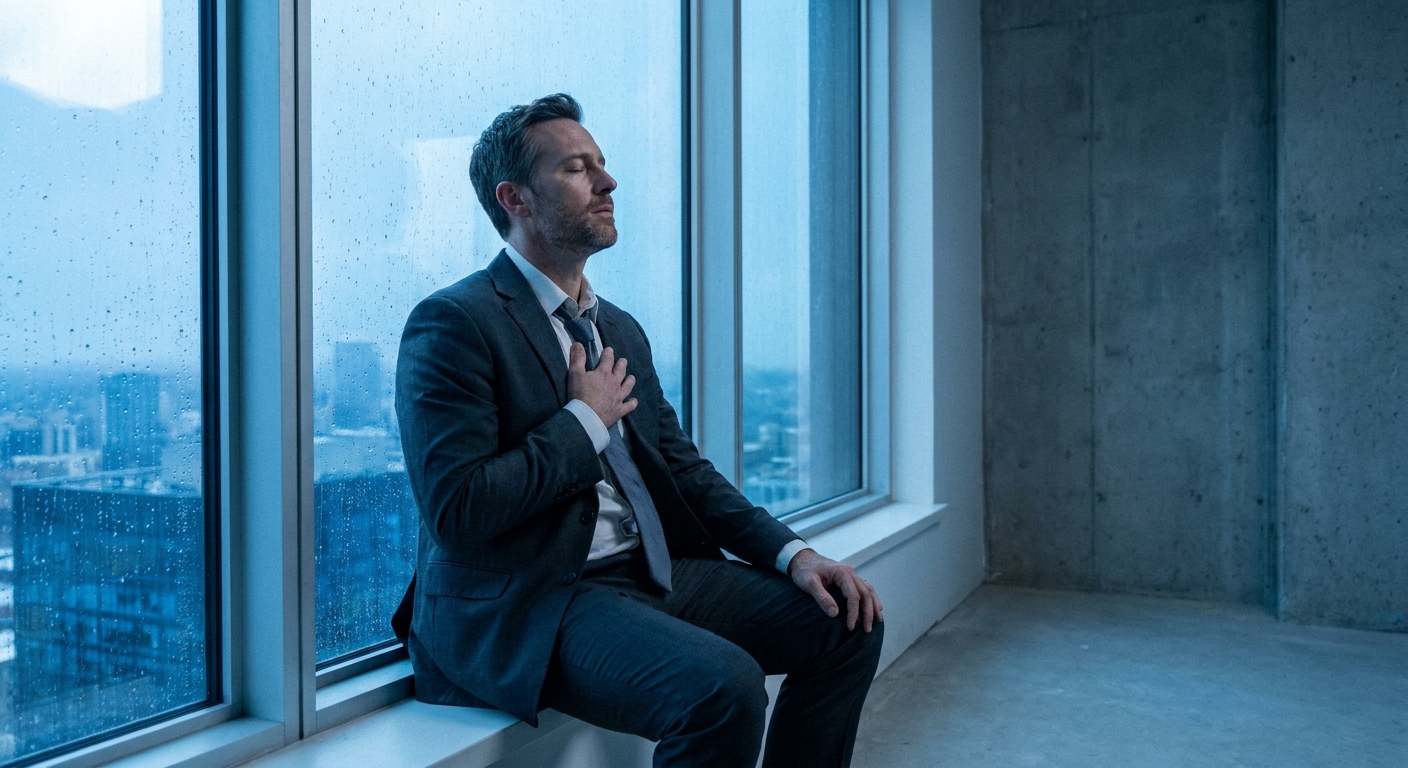 Executivo em burnout meditando à beira da janela com luz natural azulada, mão no peito e olhos fechados — frases de inspiração para executivos