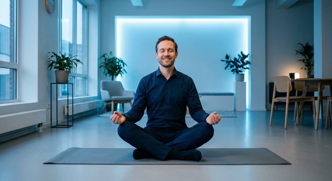 Executivo meditando em ambiente profissional com luz suave azulada - meditação para executivos com burnout