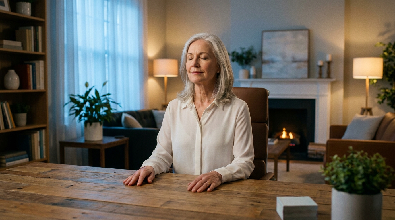 Executivo em pausa consciente com luz suave azul, frases de inspiração para burnout executivo e recuperação de energia