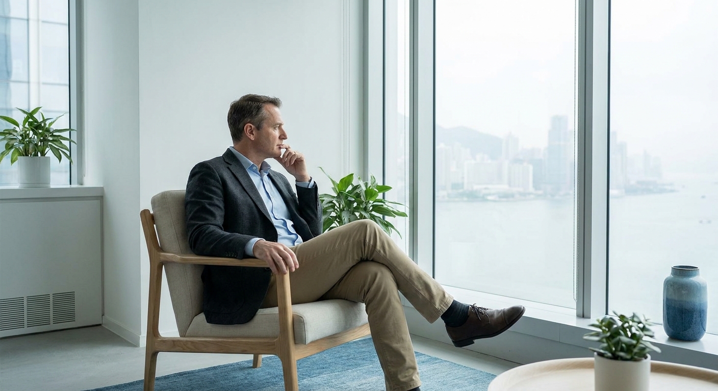 Executivo em momento de pausa à beira da janela, refletindo em ambiente calmo com tons azulados — frases de inspiração para executivos com burnout