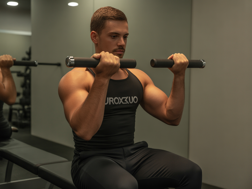 Personal trainer demonstrando o exercício para bíceps Rosca Concentrada