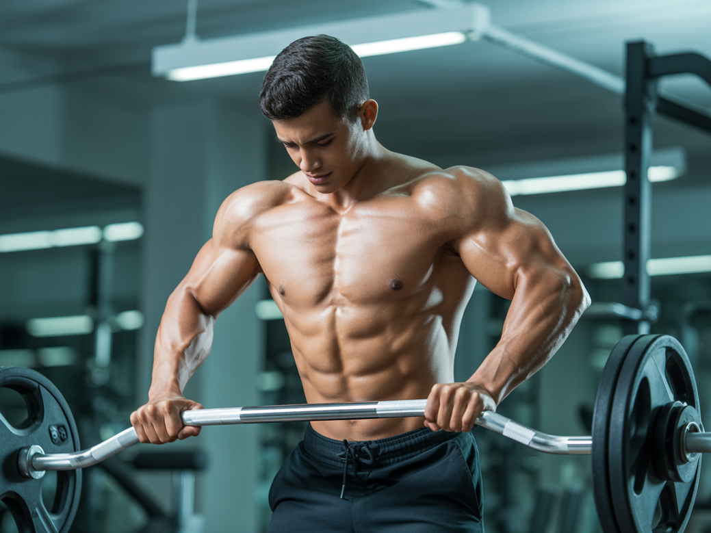 Homem forte fazendo o exercício para bíceps Rosca Direta com Barra em academia
