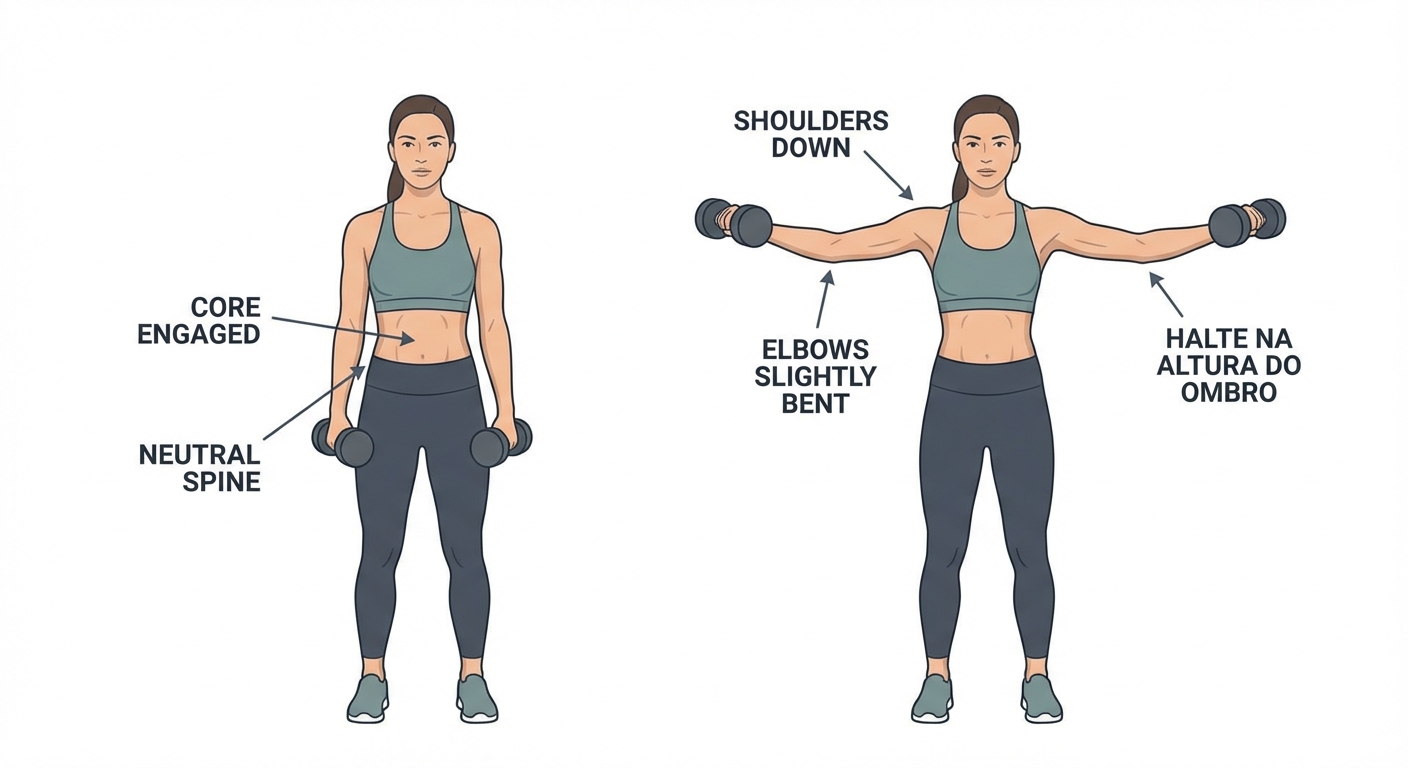 Mulher realizando elevação lateral com halteres no treino de ombros