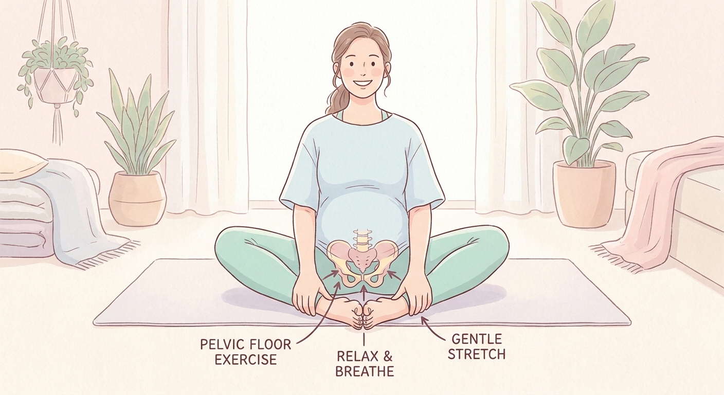 Gestante em posição borboleta (Badhakonasana) exercício de fortalecimento do assoalho pélvico para gestantes