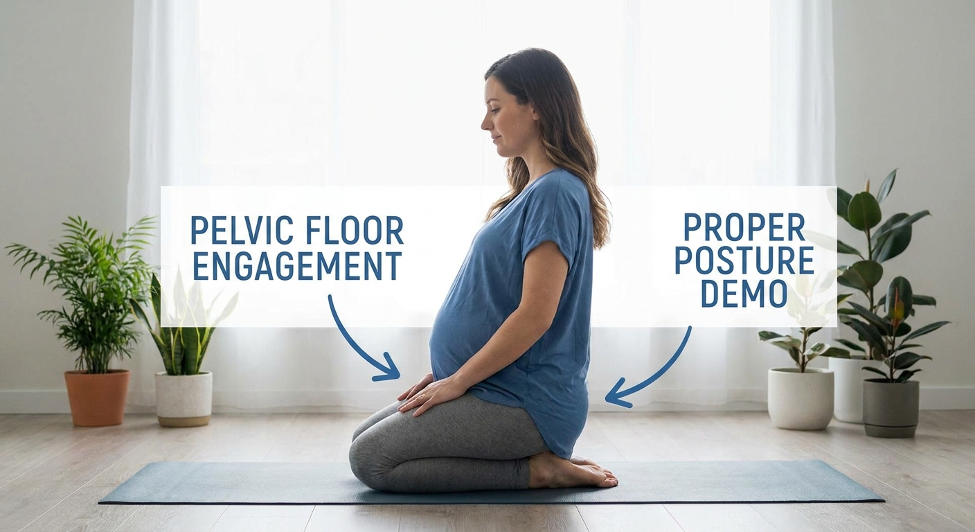 Gestante realizando exercício pélvico de yoga para fortalecer o assoalho pélvico durante a gravidez