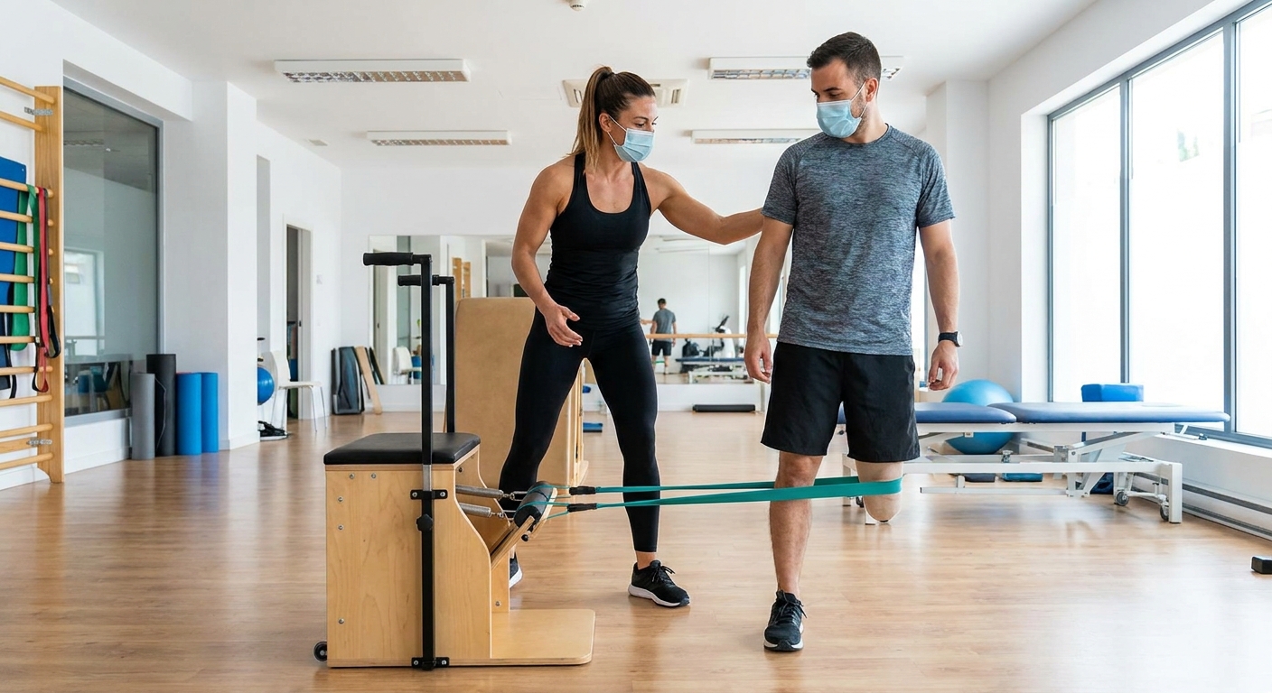 Especialista em treinamento pós-covid demonstrando exercício adaptado para recuperação respiratória