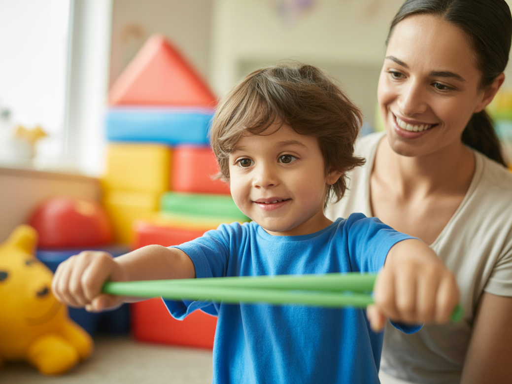 Educadora sorrindo enquanto auxilia criança com autismo em um exercício de ombro lúdico com bola colorida