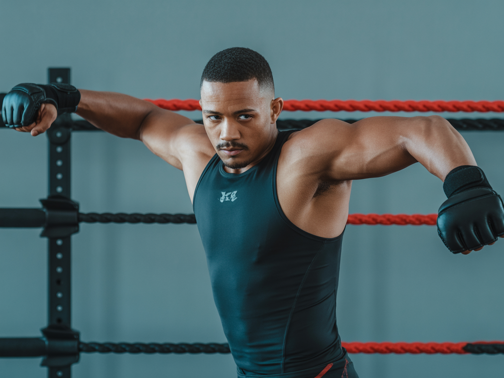 Lutadora de MMA focada, realizando exercícios para ombro sem equipamento para aumentar a força e prevenir lesões.