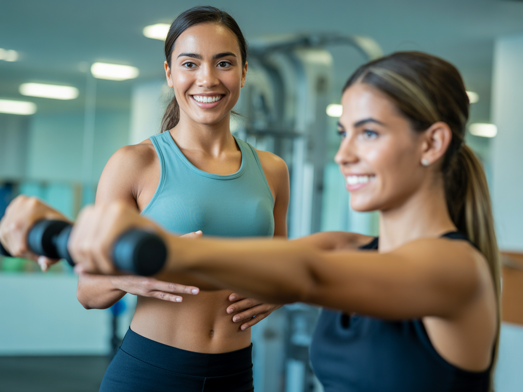 Personal trainer auxiliando gestante a fortalecer os ombros com segurança em um estúdio bem iluminado.