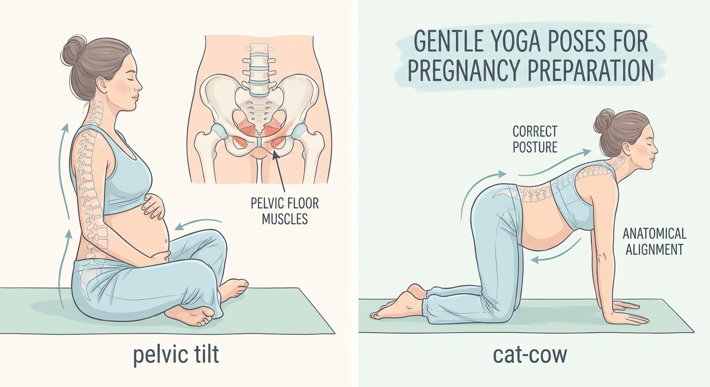 Ilustração de gestante realizando exercícios pélvicos e posturas de yoga para preparação ao parto