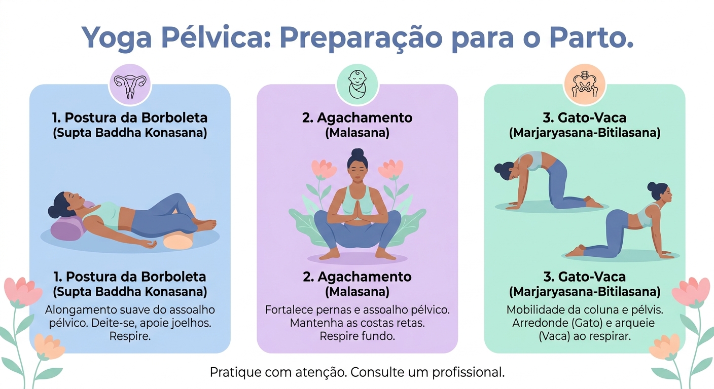 Infográfico com 3 exercícios pélvicos de yoga para preparação ao parto