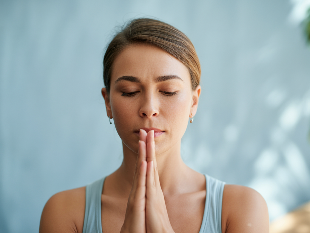 Mulher praticando exercícios de respiração diafragmática para recuperação pós-covid, guiada por um especialista.