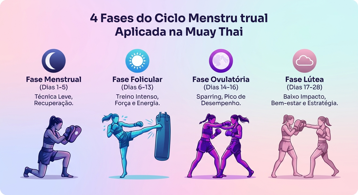 Infográfico das 4 fases do ciclo menstrual adaptadas para o Muay Thai feminino: menstrual, folicular, ovulatória e lútea com dicas de treino