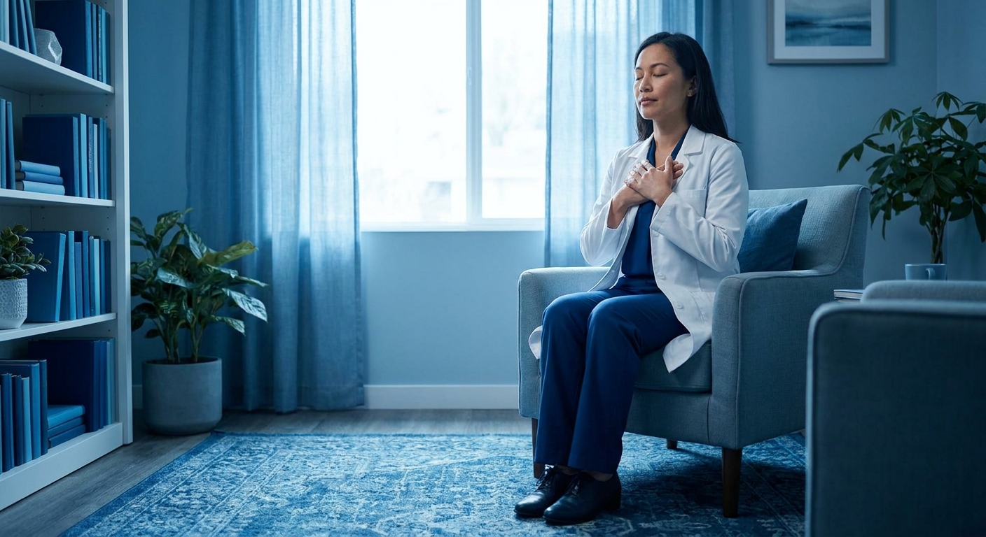 Profissional de saúde mental em momento de pausa consciente com técnicas de grounding e respiração