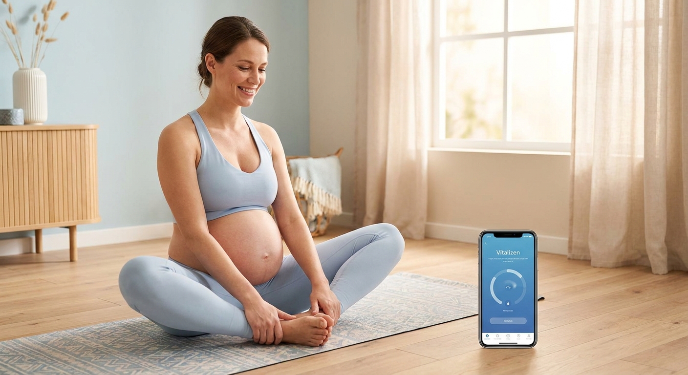 Gestante sorridente praticando yoga com o app Vitalizen ao lado