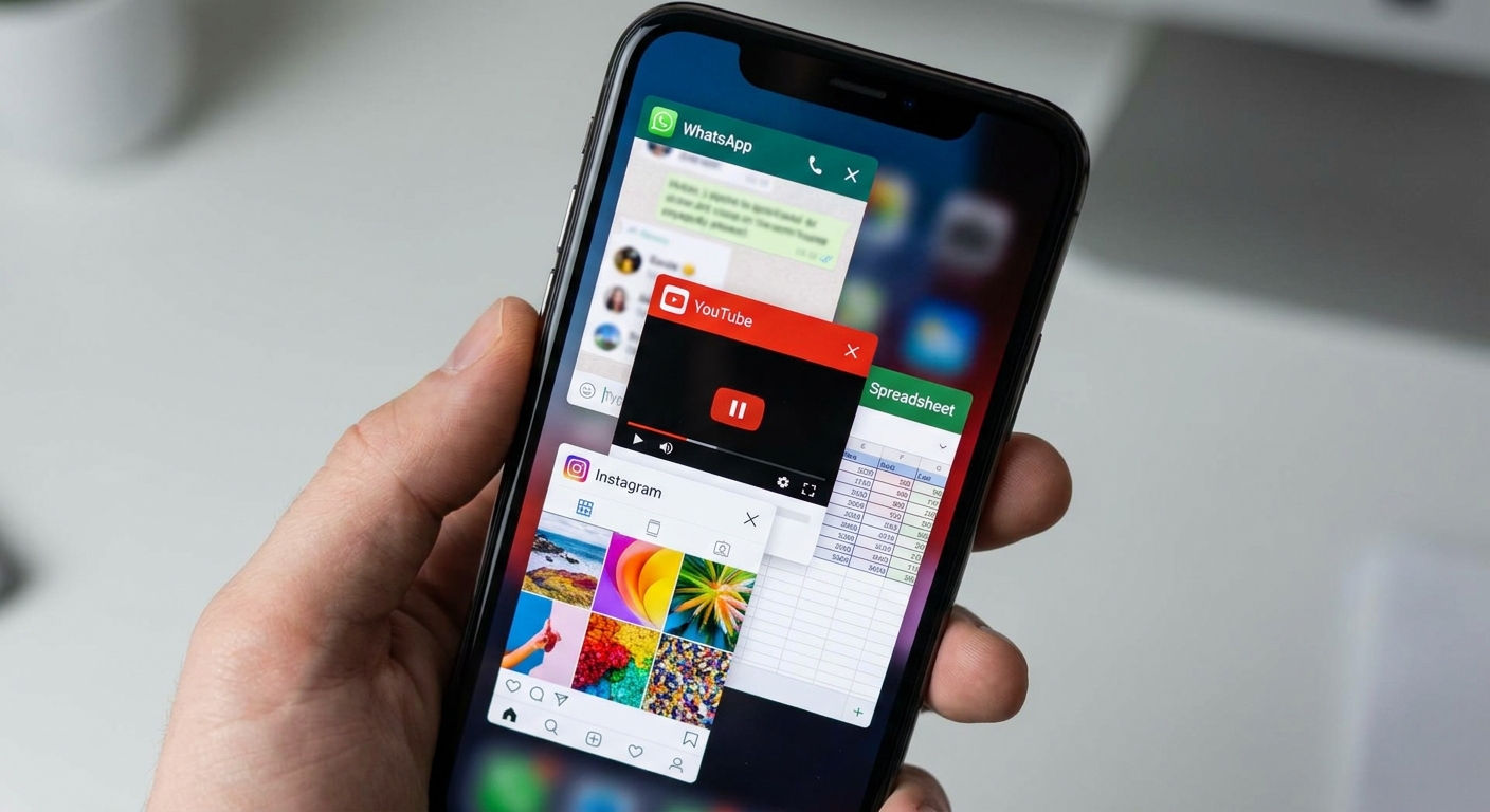 Ferramentas fragmentadas do coach de corrida Smartphone com várias abas abertas como WhatsApp, YouTube e Instagram mostrando desorganização