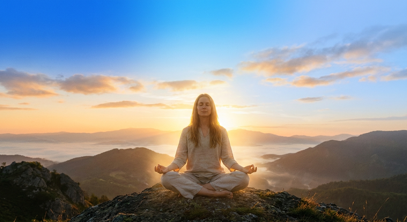 Pessoa meditando ao ar livre com luz dourada do amanhecer, representando a filosofia do yoga espiritualidade e o caminho para o autoconhecimento e elevação da consciência