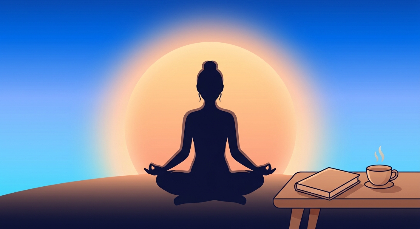 Filosofia do Yoga para Empreendedoras: clareza mental e produtividade consciente Mulher meditando ao amanhecer com notebook e chá ao lado - filosofia do yoga para empreendedoras