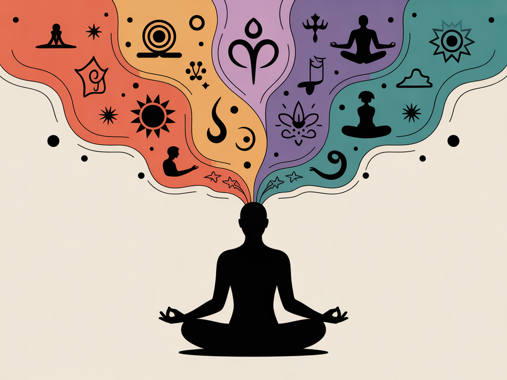 Ilustração de uma pessoa meditando com símbolos de arte e criatividade fluindo, representando a conexão entre a filosofia do yoga e a criatividade.