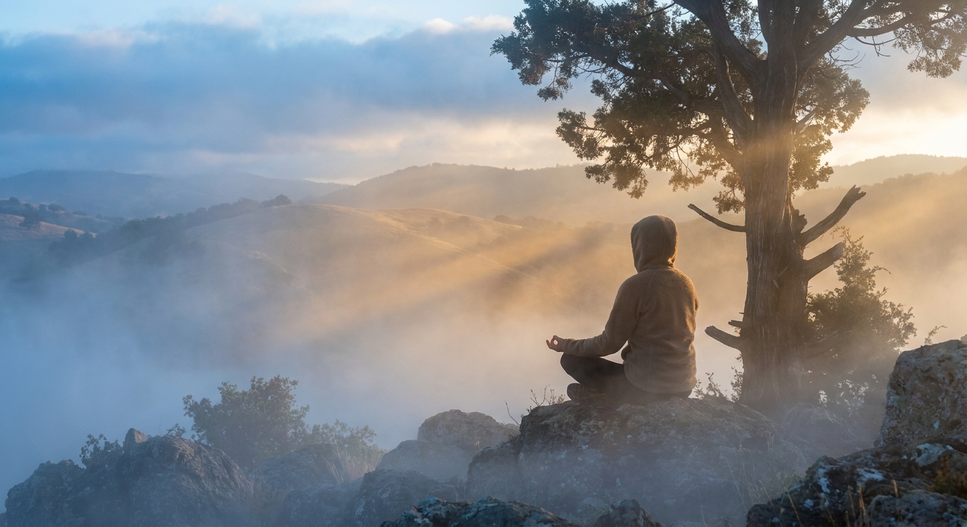 Pessoa meditando ao amanhecer na natureza, simbolizando espiritualidade e filosofia do yoga para transição de carreira e clareza de propósito