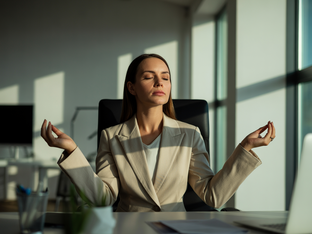 Mulher executiva praticando a filosofia do yoga no escritório para melhorar o foco e reduzir o estresse.