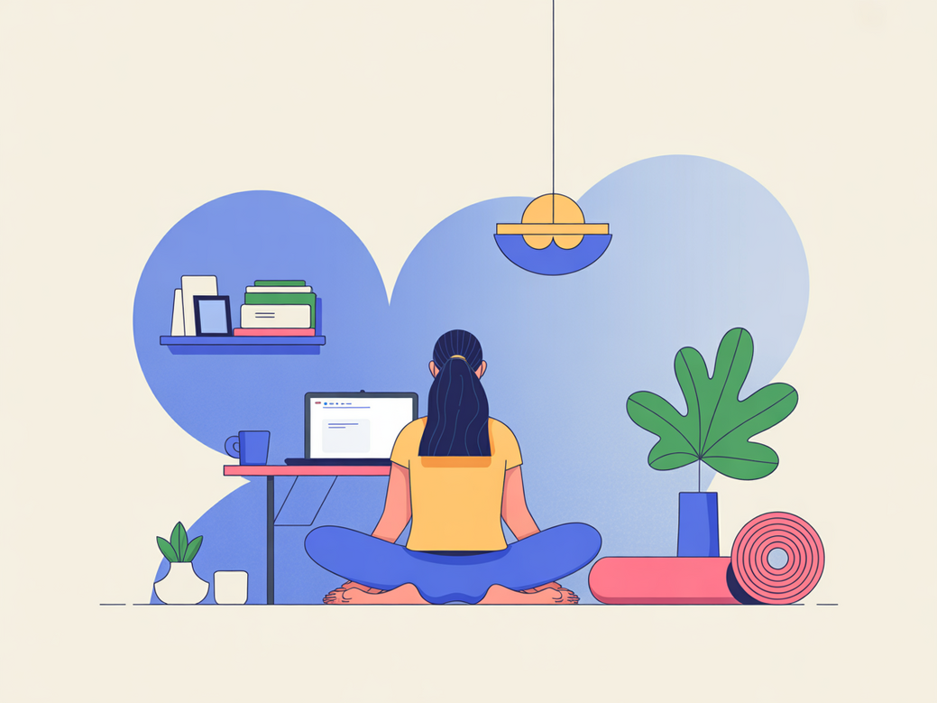 Ambiente de home office sereno aplicando a filosofia do yoga para equilíbrio entre trabalho e bem-estar.