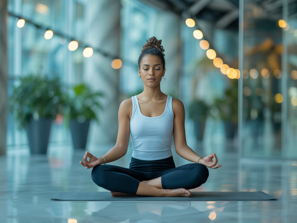 Líder meditando em um ambiente corporativo, simbolizando a liderança consciente e a filosofia do yoga para líderes.