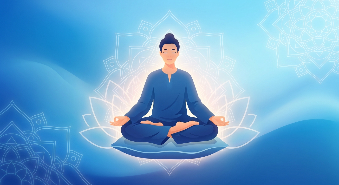 Pessoa meditando com elementos de lótus e mandala em tons azuis representando a filosofia do yoga para transição de carreira