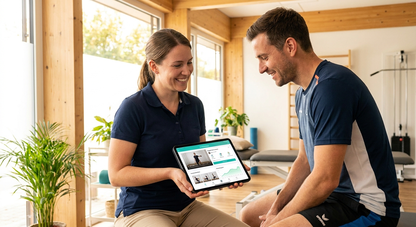 Fisioterapeuta esportivo com app Personal Millbody Fisioterapeuta esportivo usando app Personal Millbody para acompanhar recuperação de atleta.