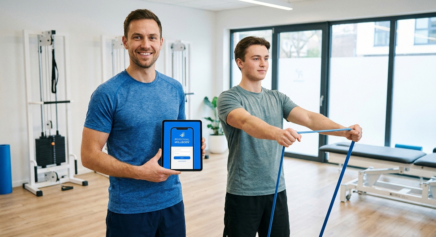 Fisioterapeuta esportivo usando app Personal Millbody para orientar aluno na prevenção de lesões