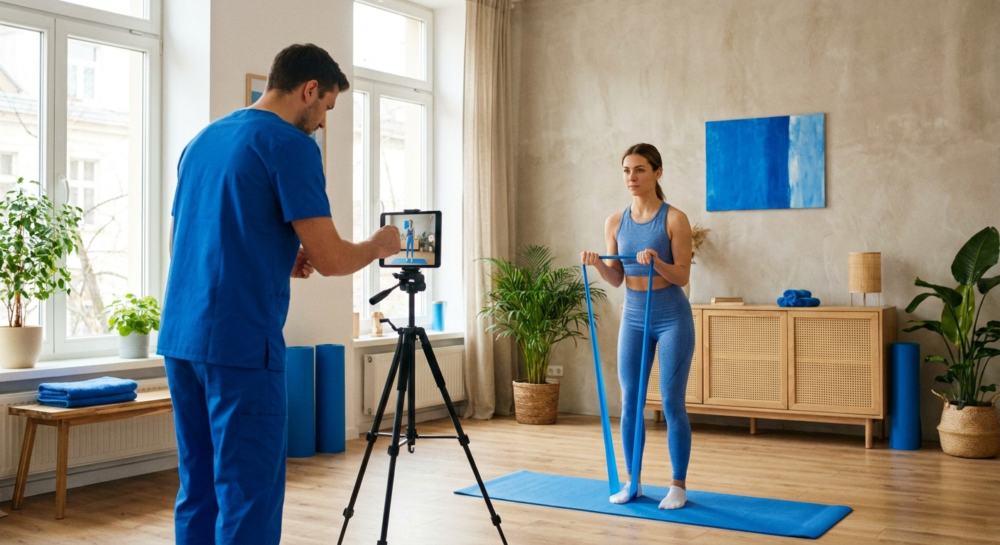 Fisioterapeuta esportivo gravando vídeo de correção postural com tablet em ambiente acolhedor
