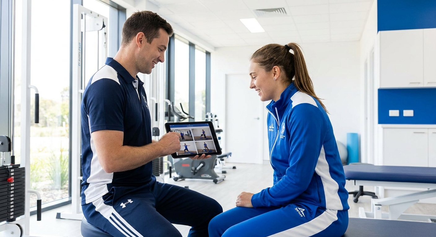 Fisioterapeuta esportivo utilizando aplicativo Millbody com vídeos de exercícios para reabilitação de atleta