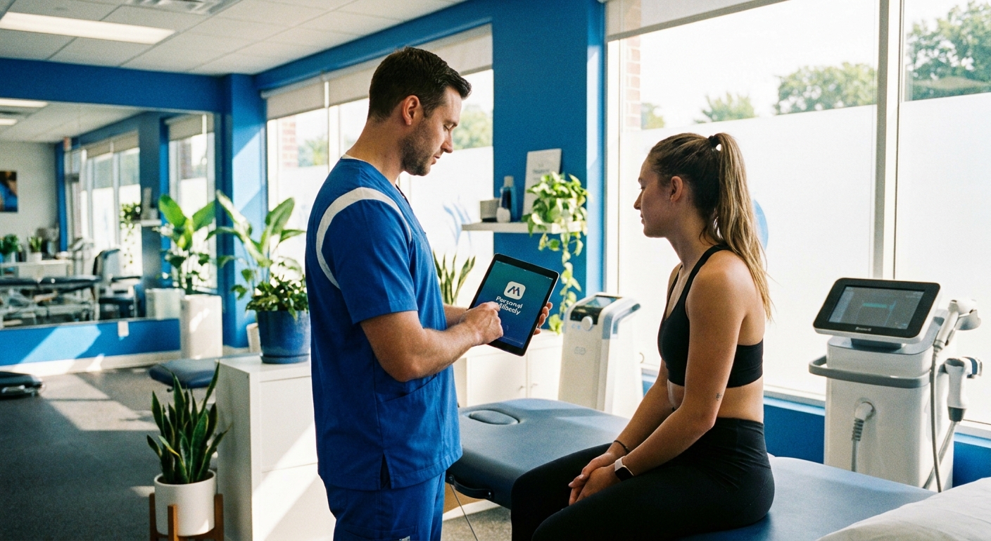 Fisioterapeuta esportivo utilizando o app Personal Millbody em um tablet durante atendimento